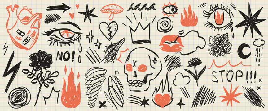 Scribble doodle elements for poster, social media. Handwritten anxiety, fear, pain, panic doodles. Rough emotional hand drawn ball pen sketch grunge illustrations. Chaotic freehand pencil drawings.