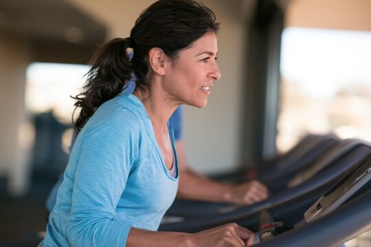 Hispanic female exercising on treadmill in modern gym, focused expression, with blurred background showing additional gym equipment and natural light