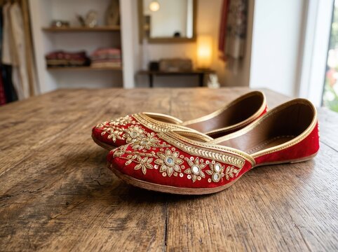 Stunning red embroidered juttis featuring shimmering floral mirror work and gold borders, beautifully displayed on a wooden table in a boutique, handcrafted, border, design