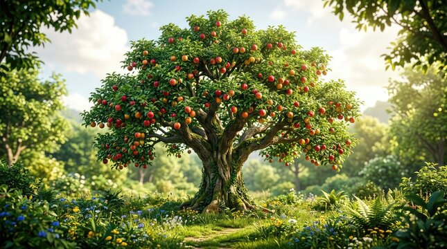 The majestic Tree of Knowledge of Good and Evil stands central in the pristine, sun-dappled Garden of Eden, bearing vibrant, tempting fruit, temptation, Genesis, environment