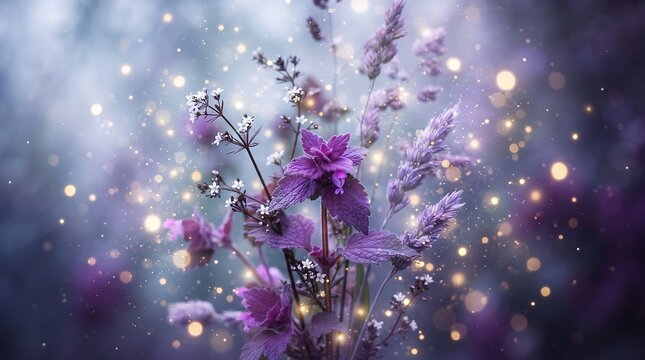 Beautiful purple flowers and wild plants with magical glowing golden bokeh lights