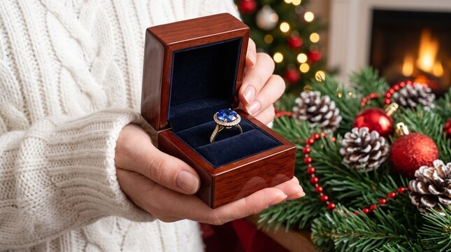 Santa claus holding a ring in a box near a decorated christmas tree
