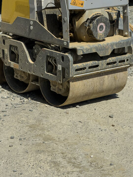 View of a road roller on a construction site in Sariyer, Istanbul, Turkiye.