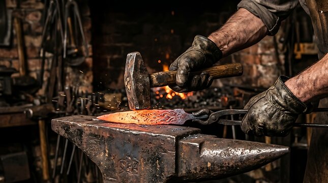 Blacksmith hammering hot glowing metal on an anvil