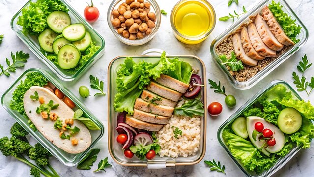 Healthy Meal Prep Containers with Fresh Vegetables, Grilled Chicken Breast, Rice, Chickpeas, and Salad - Balanced Low Carb Keto Diet Nutrition Plan for Weight Loss Top View Flat Lay