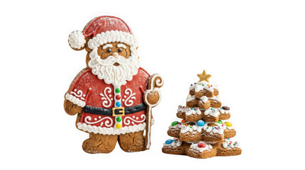Fototapeta premium Gingerbread santa claus cookie and a decorated christmas tree cookie isolated on transparent background