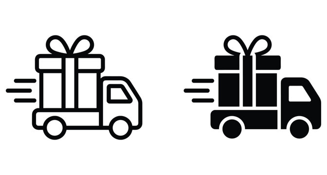 Fast delivery truck icon set carrying gift box with ribbon for express shipping service logistics and online shopping commerce business