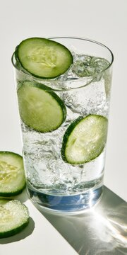 Refreshing drink with cucumber slices in a clear glass on a white background