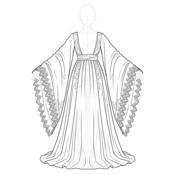 Hand drawn sketch of late gothic dress with dagged edges isolated on white background. Ink illustration.