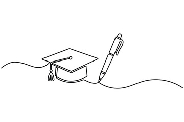 Fototapeta premium Continuous Line Art Drawing of Graduation Cap and Pen for Education Concept