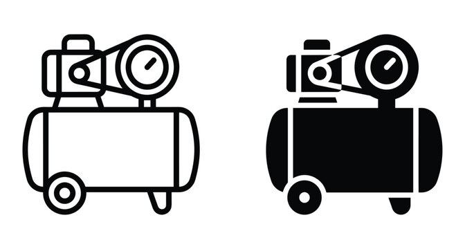 Air compressor icon set featuring outline and solid black styles for industrial pneumatic machinery equipment pressure tank and motor power tools