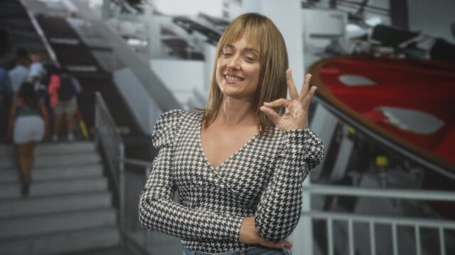Woman smiling and making ok sign with right hand by red boat exhibit near stairs inside a museum; confidence leisure travel.
