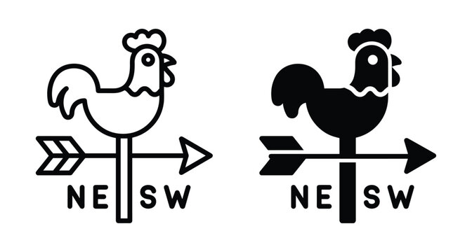 Weather vane rooster icon set with arrow and cardinal directions showing north east south west in outline and silhouette style