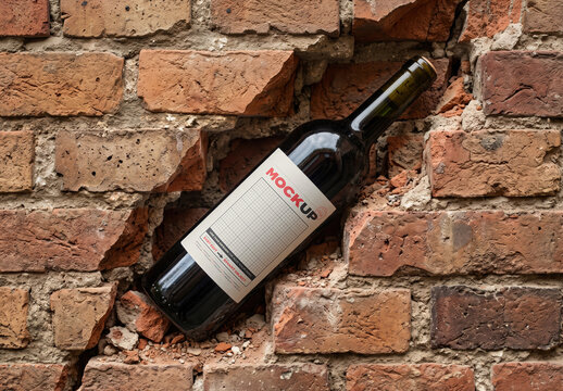 Red Wine Bottle in Bricks Crack Label Mockup