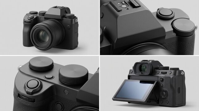 Digital mirrorless camera with lens and flip screen shown from multiple angles photography equipment photo camera body camera controls photography gear shutter button tech gadget