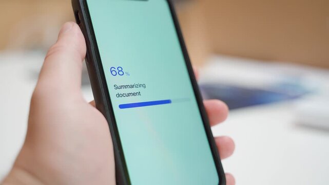Document summarizing stuck at seventy percent on smartphone screen. Frozen progress bar in AI text processing app