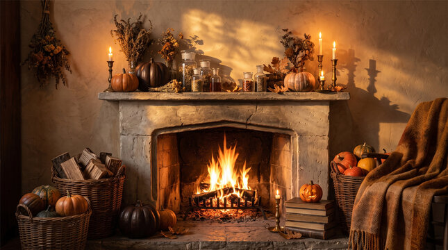 Autumn fireplace photo featuring glowing candles, pumpkins, and rustic logs in a cozy interior setting