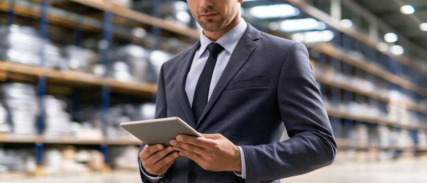 Warehouse Manager with Tablet: A focused businessman in a suit holds a tablet, overseeing operations in a vast warehouse filled with shelves of inventory. Captures efficiency and modern logistics.