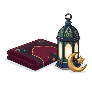 Ramadan lantern with prayer mat and crescent moon isolated on white background