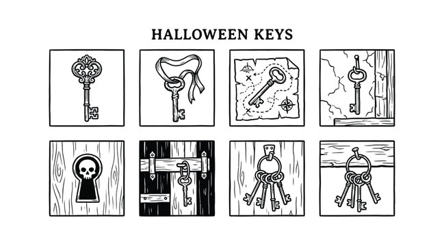 Set of vintage keys for halloween, hand drawn illustration