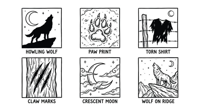 Set of handdrawn werewolf and wild wolf themed icons and illustrations