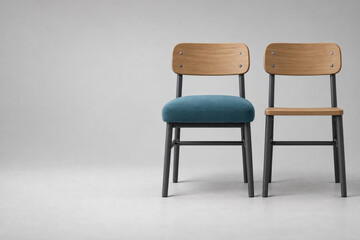 Fototapeta premium Two chairs with upholstered and wooden seats. Space for text.