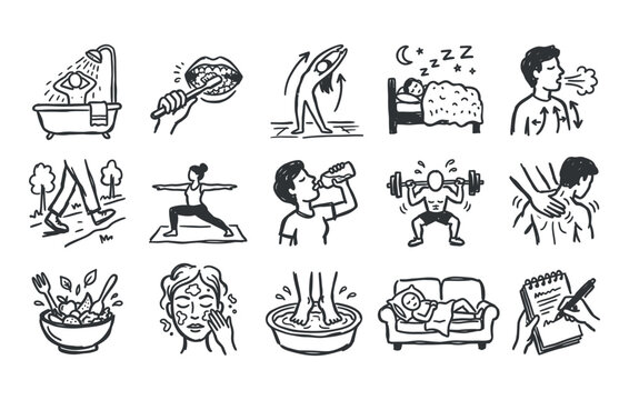Wellness and self care graphics depicting morning habits fitness training drinking water meditation relaxing massage and balanced diet sketches