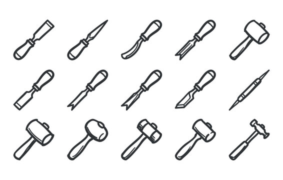 Woodworking tools doodle collection showcasing carving chisels gouges wooden mallets and carpentry equipment drawn in loose outline style