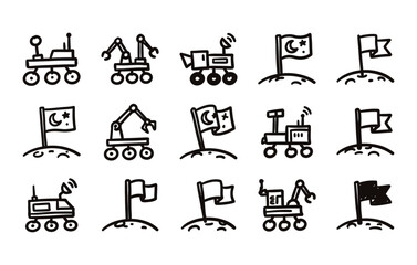 Autonomous planetary exploration rovers with satellite dish antennas robotic arm grabbers and surface territory flags in hand drawn doodle vector format © Billal