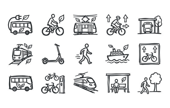 Zero emission commute and smart urban mobility graphics featuring high speed electric trains cycling lanes and green walking paths monochrome sketch drawings set