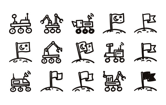 Autonomous planetary exploration rovers with satellite dish antennas robotic arm grabbers and surface territory flags in hand drawn doodle vector format