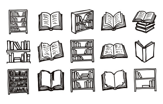 Library bookshelves and open reading textbooks collection in hand drawn doodle vector format for literature study education and school concepts