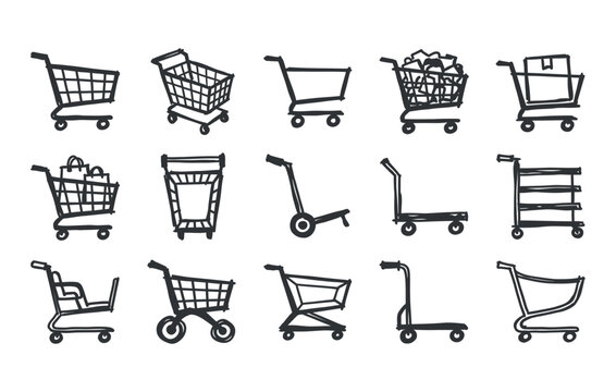 Supermarket shopping carts and retail grocery trolley models filled with packages bags and cardboard boxes hand drawn line illustrations