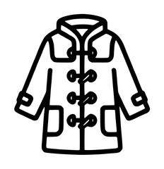 Duffle coat with toggles vector icon illustration depicting classic winter outerwear with toggle fastenings, hood, and pockets in minimalist black and white line art style © Mosin