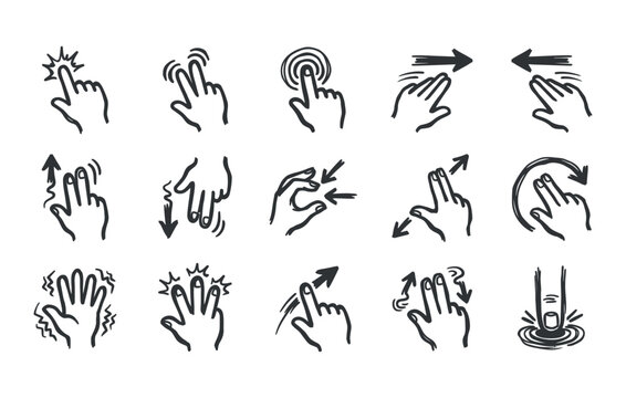 User interface gesture doodle collection made via loose drawings of multi touch fingers scrolling rotation and digital interaction symbols