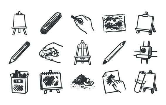 Traditional hand drawing supplies featuring pencil shavings blending finger technique landscape sketch board and artist studio equipment doodles