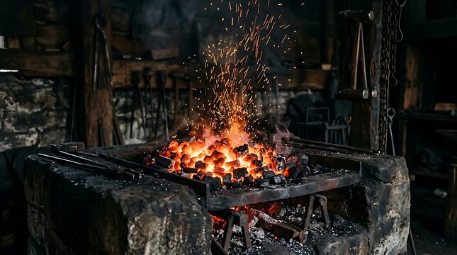 Bright glowing hot coals burning in a dark metal forge