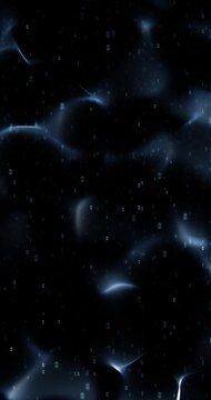 Dark blue digital waves with binary numbers travel down loop vertical background. Concept computer technology animation.