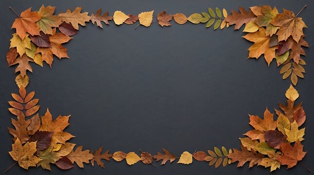 Border frame made of colorful autumn leaves on dark gray textured background for seasonal design.