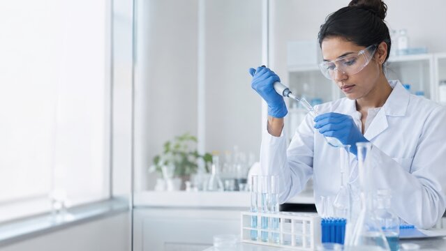 Female scientist in white lab coat uses pipette to transfer liquid in laboratory with glassware and equipment visible on the table and shelves in the background