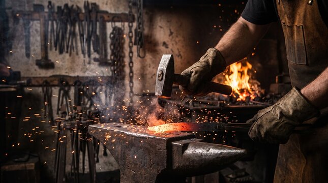 Blacksmith forging hot metal on anvil in workshop
