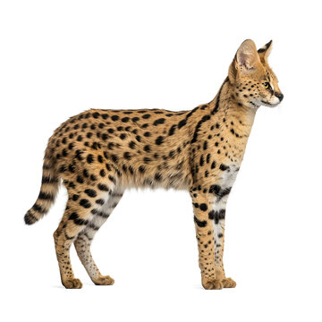 Serval Cat Standing Profile View Isolated on White Background