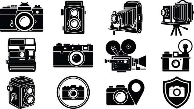 Vintage and modern photography camera silhouette vector icon set featuring slr polaroid twin lens reflex retro movie projector pin badge shield and location symbols