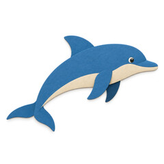 Fototapeta premium Blue paper cutout dolphin swims on a white background.