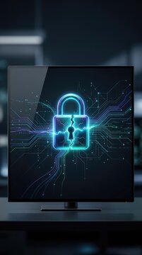 A computer screen showing a padlock graphic with a crack down the middle, glowing with faint light and with lines flowing into a digital space, dark, binary code, protection