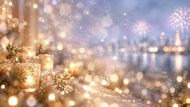 Festlicher Silvester Hintergrund mit goldenen Kerzen und Feuerwerk &ndash; Leuchtendes Bokeh, winterliche Atmosph&auml;re und eine verschwommene Skyline erzeugen eine elegante Kulisse zum Jahreswechsel.