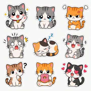 Set of cute chibi cat stickers and bundle collection of adorable kitten emotions isolated on white background