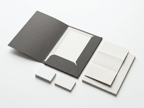 Blank open black presentation folder mockup with business cards tri fold brochure and letterhead in perspective view on white background