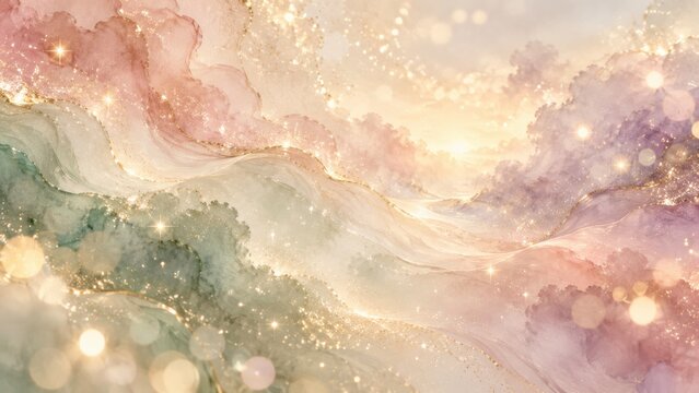 Eleganter abstrakter Silvester Hintergrund in Pastell mit Goldglitzer &ndash; Sanfte Rosa-, Gr&uuml;n- und Violettt&ouml;ne verschmelzen mit funkelnden Akzenten zu einer edlen festlichen Neujahrskulisse.