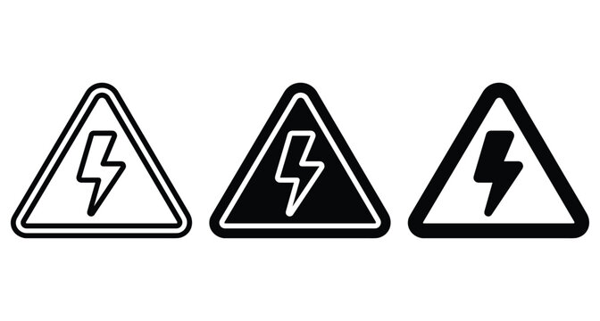 High voltage warning sign icons set with lightning bolt symbol inside triangle for electrical hazard safety and power energy alert